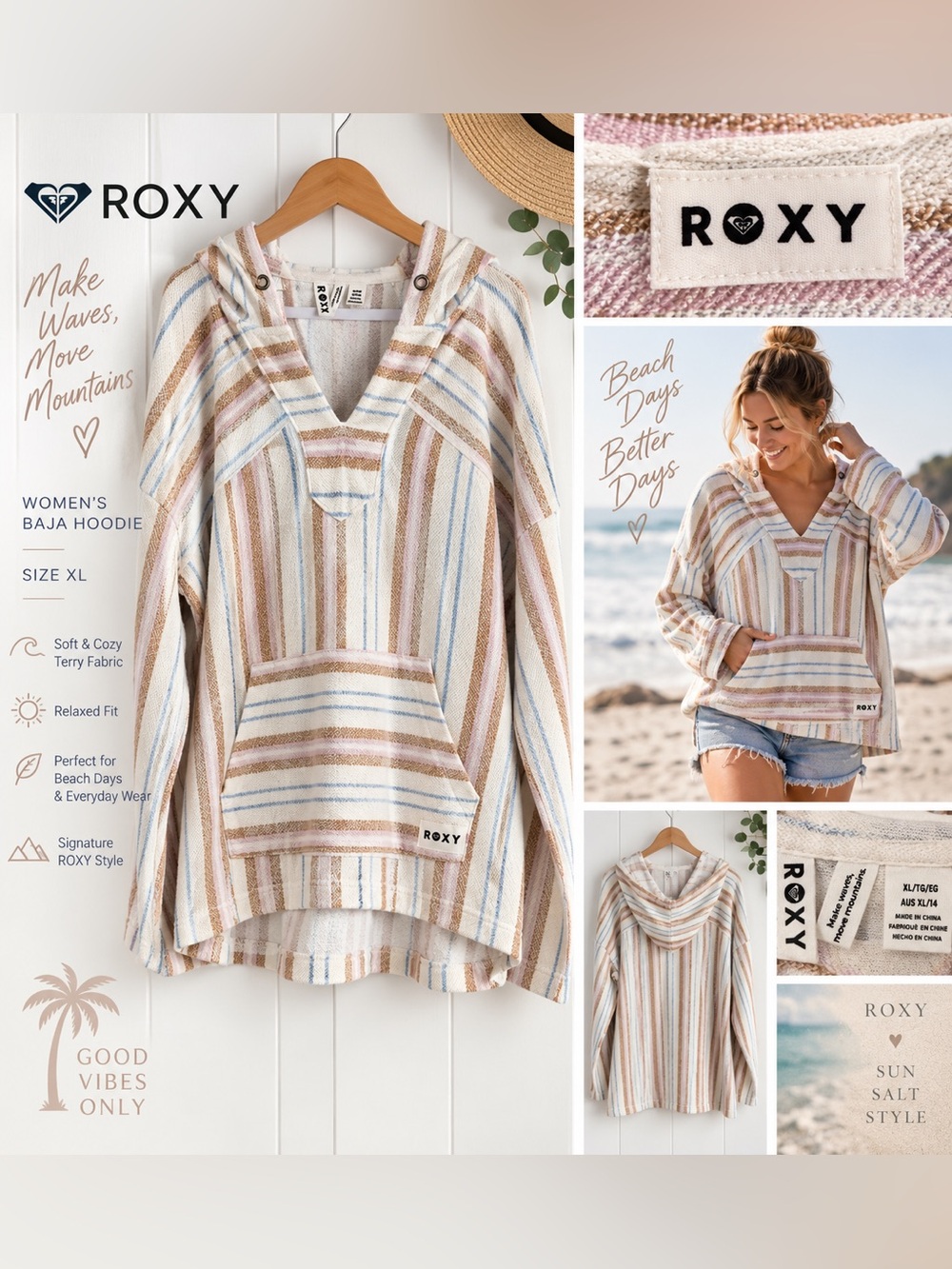 Roxy Striped Hooded Pullover in Cream, Tan & Light Blue